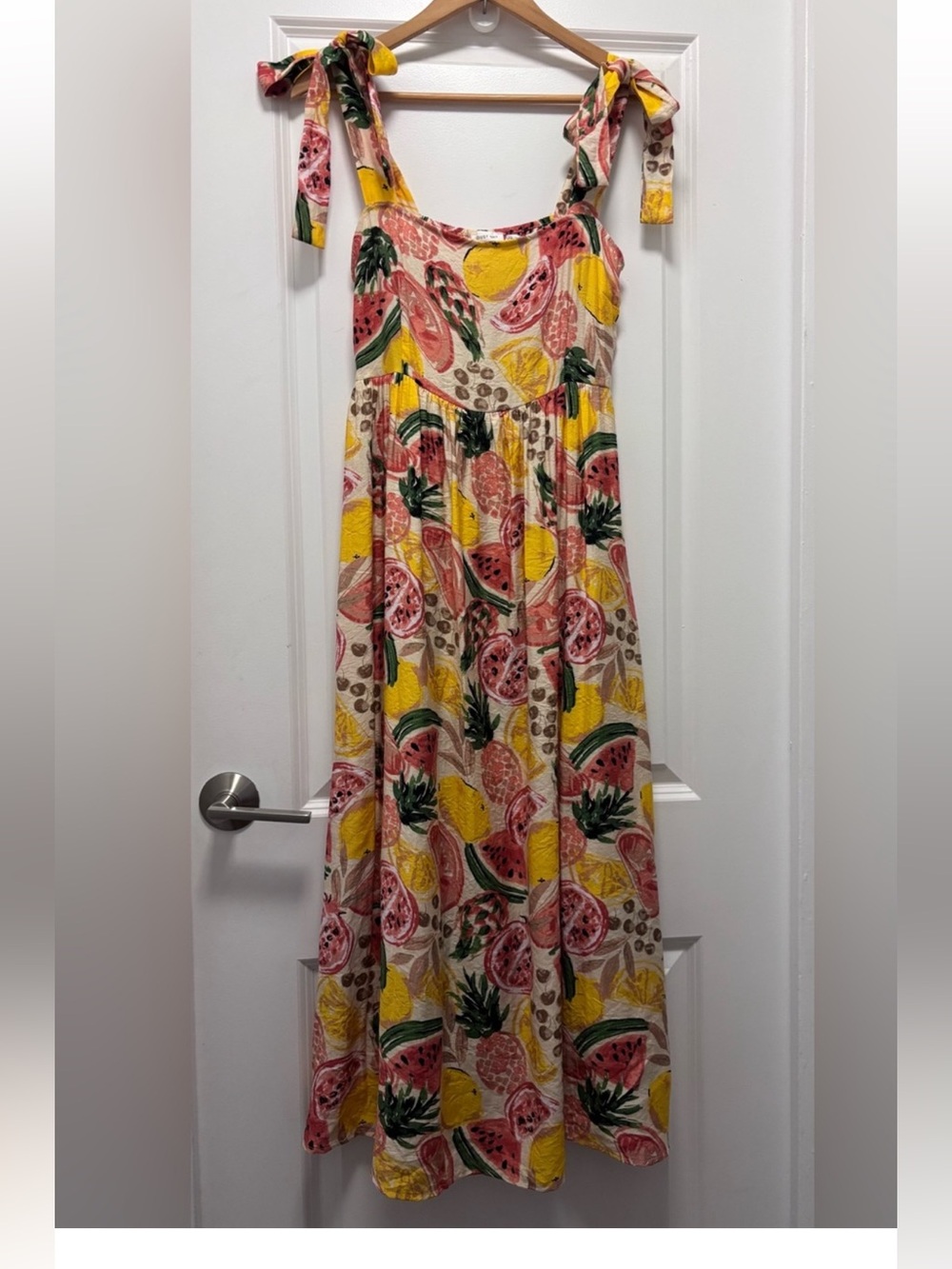 August Sky Fruit Print Tie Strap Midi Dress Size Large Tropical Summer Vacation - Picture 3 of 8